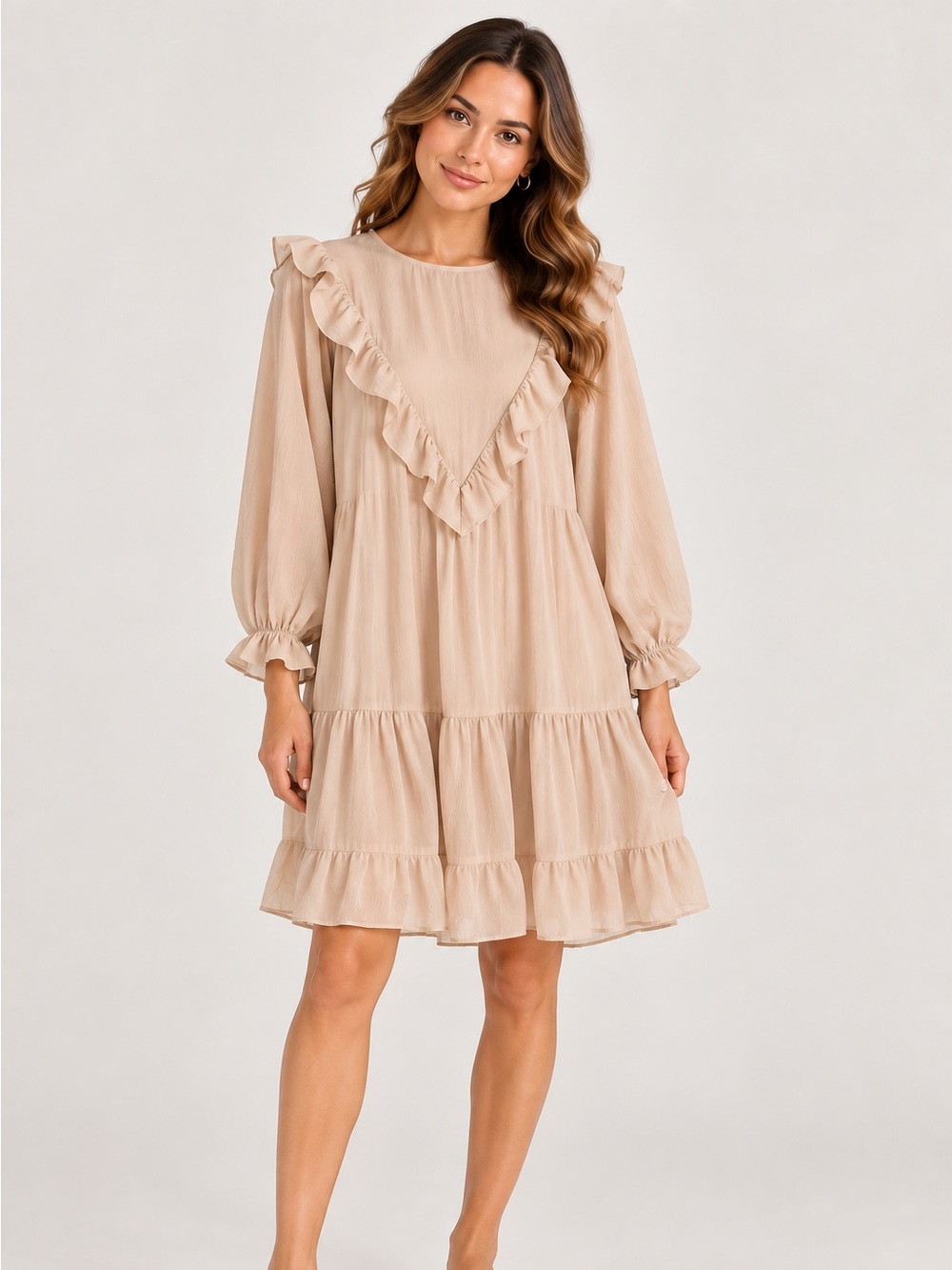 Women's Ruffle-Trim Long Sleeve Dress - Blush Ivory